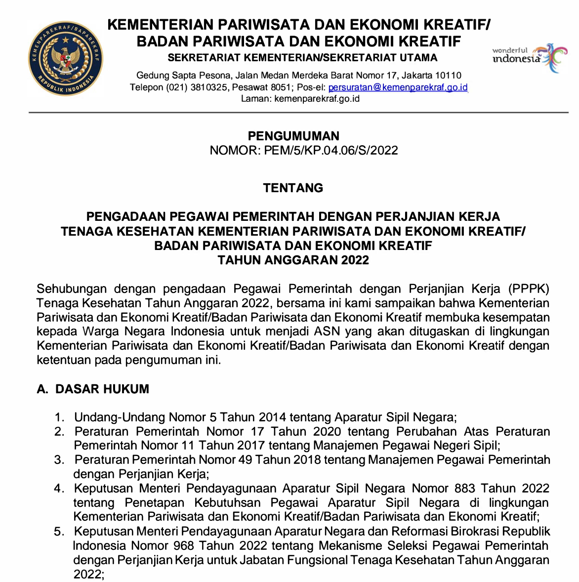 Formasi Resmi PPPK 2022 Kemenparekraf